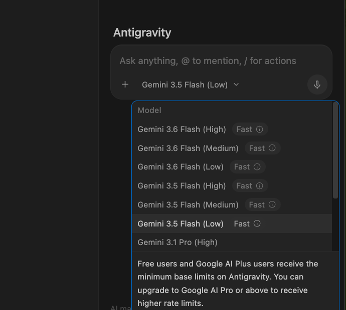 Antigravity のモデル選択ドロップダウンを開いた画面。Gemini 3.6 Flash と 3.5 Flash がそれぞれ High / Medium / Low に分かれて並び、Gemini 3.5 Flash (Low) が選択されている