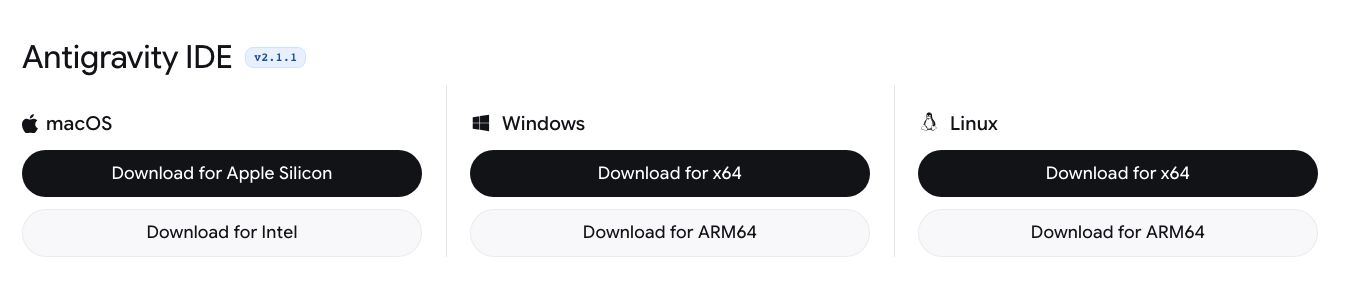 Antigravity IDE のダウンロードブロック。見出しの横に v2.1.1 と表示され、macOS・Windows・Linux のダウンロードボタンが並んでいる