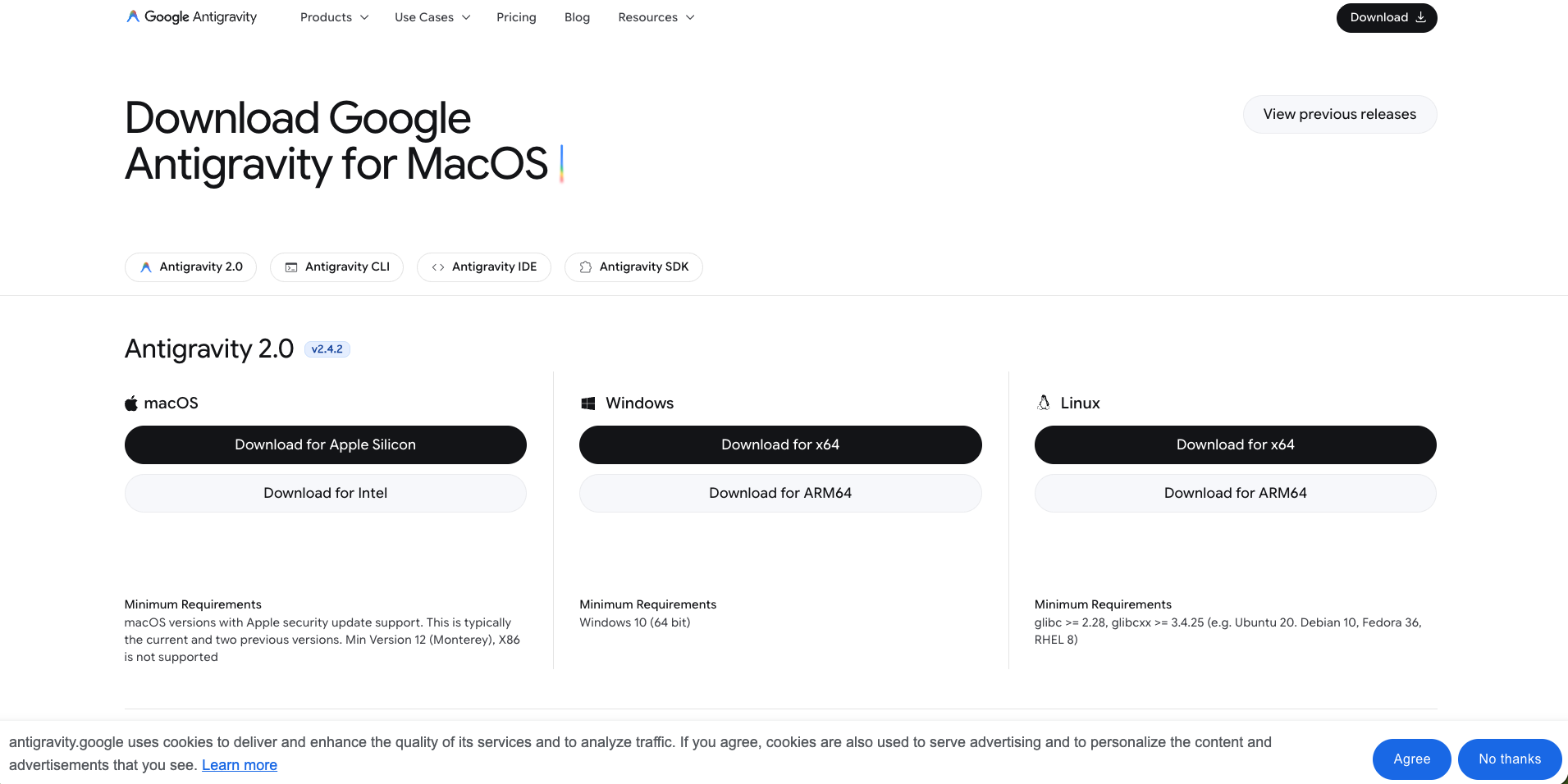 Antigravity 公式ダウンロードページ。Antigravity 2.0 のタブが選択され、macOS・Windows・Linux それぞれのダウンロードボタンが並んでいる