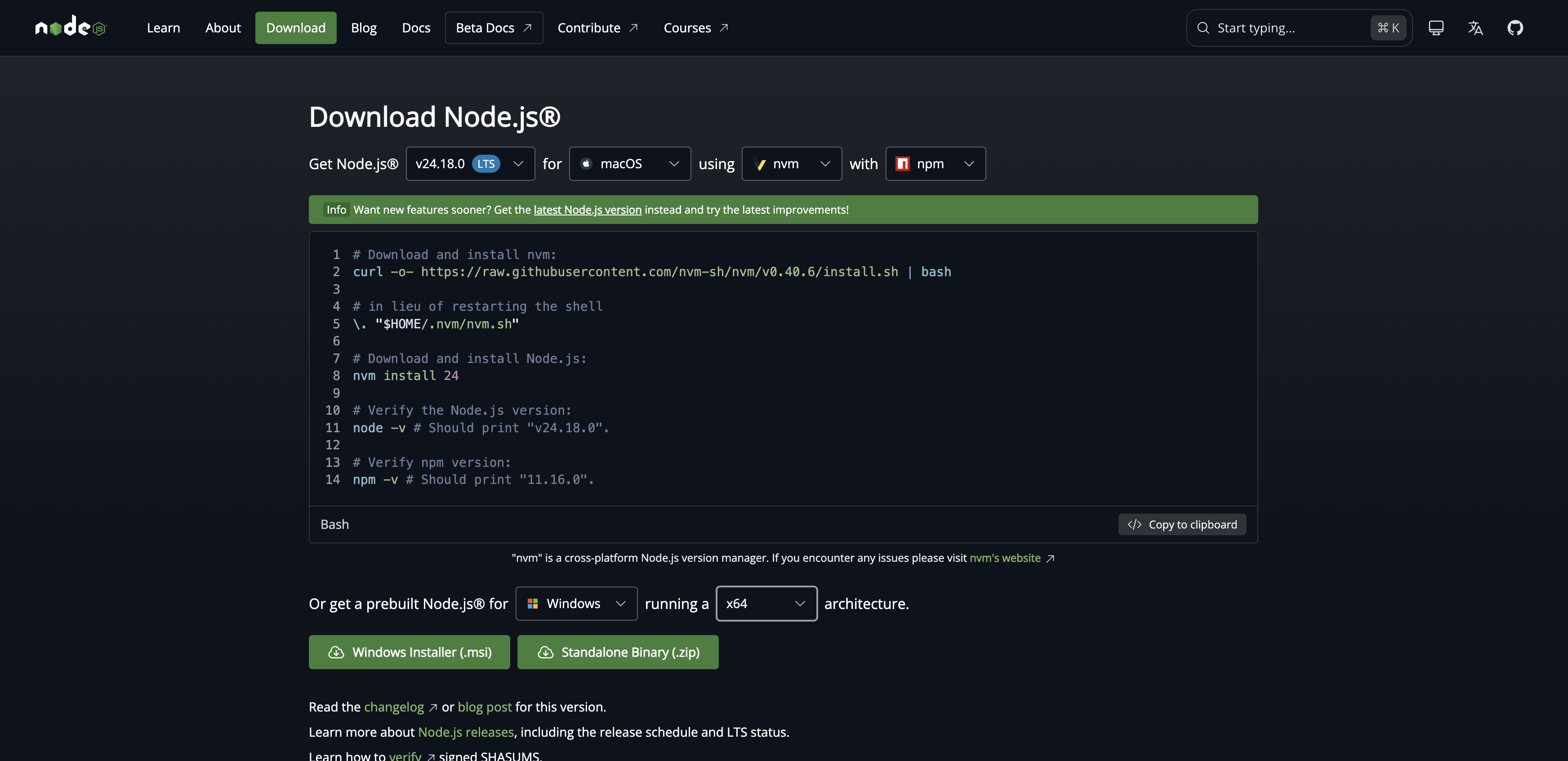 Node.js 公式ダウンロードページ。上部にバージョン選択があり v24.18.0 LTS が選ばれている。中央に nvm を使うコマンドの黒い枠があり、その下に Or get a prebuilt Node.js の見出しとインストーラーのボタンが並んでいる